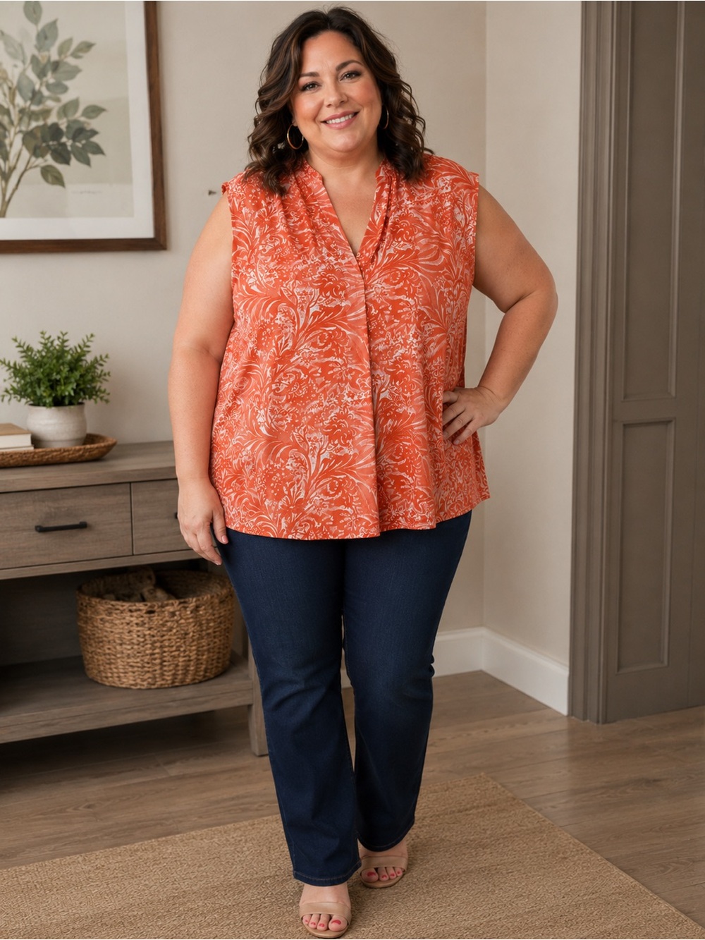 Charter Club Orange Floral Sleeveless
Drape Neck Blouse XXL